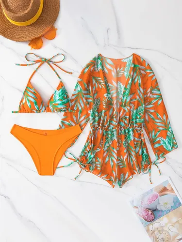Vista 4 de MakeMeChic Traje de baño de 3 piezas para mujer, diseño de triángulo, corte alto, bikini de malla transparente