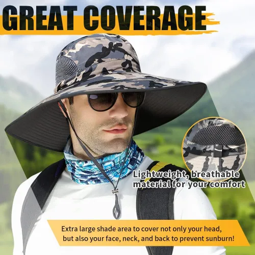 Vista 3 de 【Gran tamaño XXL y ala ancha】 Sombreros de sol para hombre, UPF50+resistente al agua: sombrero de pesca Boonie para senderismo, safari, playa, jardín