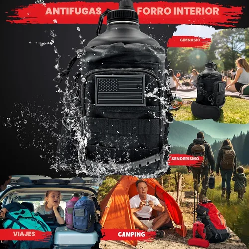 Vista 6 de Botella de agua de 1 galón, botella de agua de metal de acero inoxidable aislada de 128 onzas con soporte, bolsa de transporte, asa de boquilla Negro
