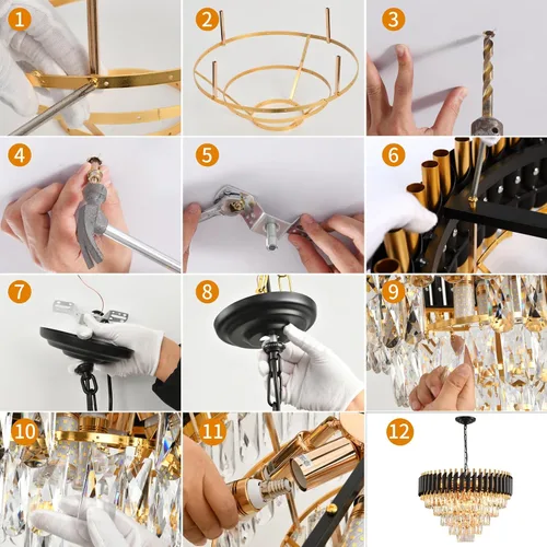 Vista 9 de Candelabro de cristal moderno dorado de 5 niveles para sala de estar, lámpara de araña grande de cristal negro, lámpara colgante de techo
