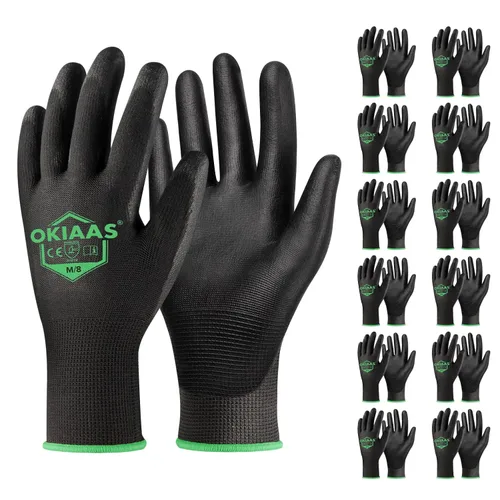 Vista 11 de OKIAAS Guantes de trabajo ultrafinos y ligeros para hombre con agarre, 12 pares, color negro, talla S