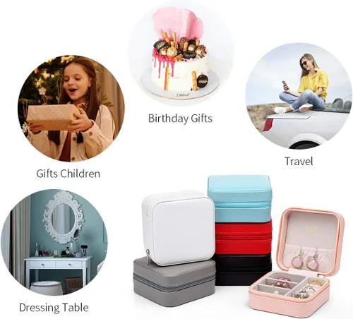 Vista 6 de Vlando Pequeña caja de joyería pequeña, caja de almacenamiento de joyas de viaje de piel sintética, aretes, anillos, collares, el mejor regalo