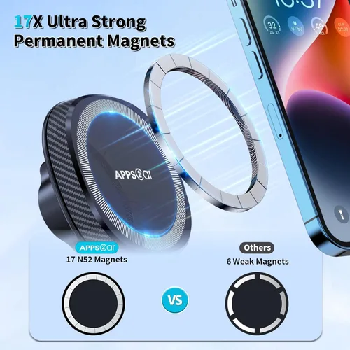 Vista 3 de APPS2Car Soporte magnético para teléfono MagSafe para iPhone, soporte magnético para salpicadero de parabrisas con brazo telescópico y ventosa