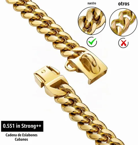 Vista 2 de Collares Fuertes de Acero Inoxidable Dorado para Perros con Cierre de Hebilla de Seguridad, Collar de Entrenamiento de Cadena de Eslabones Cubanos