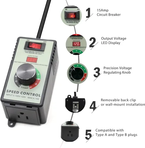 Vista 4 de Controlador de velocidad variable de motor AC ZOWZEA 120V 15A 4000W con interruptor de protección contra sobrecarga