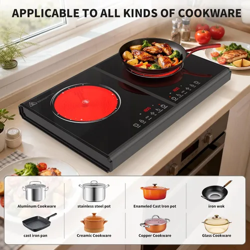 Vista 3 de VBGK Placa de cocina eléctrica, estufa de 110 V 3600 W, encimera de 22 pulgadas con 9 niveles de potencia, control táctil LED, protección contra