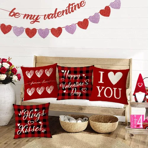 Vista 7 de Juego de 4 fundas de almohada de 16 x 16 pulgadas, diseño de corazón rojo con diseño de corazón de amor, fundas de almohada de aniversario de boda