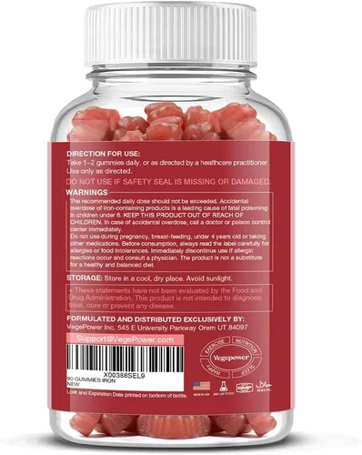 Vista 9 de Suplemento de gomitas de hierro vegano - con vitamina C, A, complejo B, folato, zinc para adultos y niños - Apoyo para la salud de la sangre