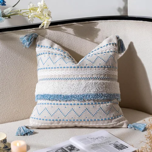 Vista 12 de BlissBlush Funda de cojín cuadrada de 18 x 18 pulgadas, color beige neutro, funda de cojín decorativa cuadrada de estilo bohemio con detalles
