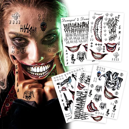 Vista 8 de Paquete de 3 tatuajes temporales grandes para cosplay, 8.2 x 11.6 pulgadas, tatuajes falsos con temática de payaso para hombres, mujeres y niños