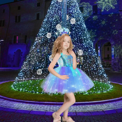Vista 8 de Girls Mermaid Tutu Dress for Birthday Party LED Light Up Halloween Mermaid Outfit Dress Up Dress with Headband