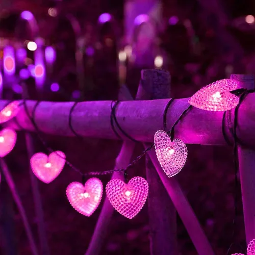 Vista 15 de Guirnalda de luces solares de corazón, impermeable, 20 pies, 30 LED, en forma de corazón, 8 modos, estrellada, boda, fiesta, ambiente, iluminación