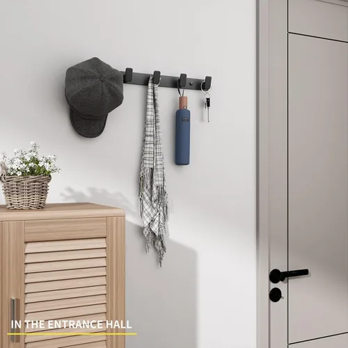 Vista 4 de Perchero de Pared Negro con Ganchos de Pared para Colgar, Ganchos de Puerta Resistente con 5 Ganchos, Soporte para Llaves para Pared, Perchero