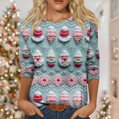Vista 4 de Christmas Shirts, Women's 2023 Tunic Daily 34 Sleeve Fashion Crew-Neck Blouse Casual T-Shirt Christmas Print Pullover