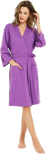 Vista 16 de U2SKIIN Batas para mujer, 100% algodón, ligeras batas con mangas 3/4, kimono de punto, suaves, ropa de casa, bata corta de baño A-algodón gris