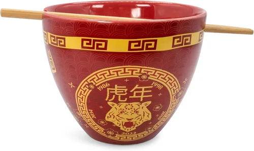 Vista 2 de Year Of The Tiger - Juego de vajilla de cerámica del zodiaco chino Incluye cuenco de fideos ramen de 16 onzas y palillos de madera Juego
