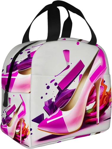 Vista 9 de OOZ Lonchera aislada para mujeres y hombres, estampado de zapatos de tacón alto rosa, reutilizable, a prueba de fugas, para adultos, oficina