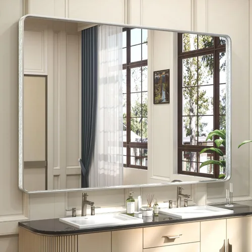 Vista 61 de Espejo de marco dorado cepillado de 16 x 24 pulgadas, espejo de tocador de baño de latón dorado para pared, espejo enmarcado rectangular de esquina