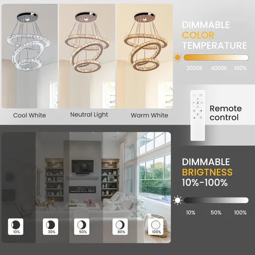Vista 5 de CLAIRDAI Candelabros de Cristal Modernos Ajustables de Cristal de 3 Anillos Lámpara de Techo LED Candelabros LED para Comedor Dormitorio Sala