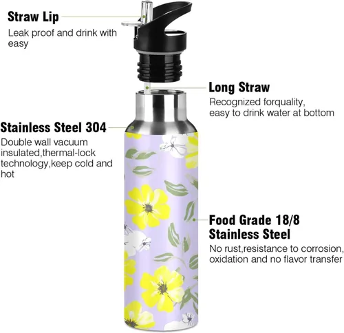 Vista 3 de White Yellow Flowers Violet Stainless Steel Water Bottle 32 Oz Leakproof Water Bottles, BPA-Free Sports Water Bottle with Straw