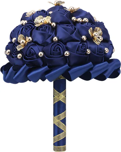 Vista 11 de Ramo de boda de 7 pulgadas, ramo de flores de satén para dama de honor, botón dorado, ramo de flores artificiales para bodas en interiores Negro