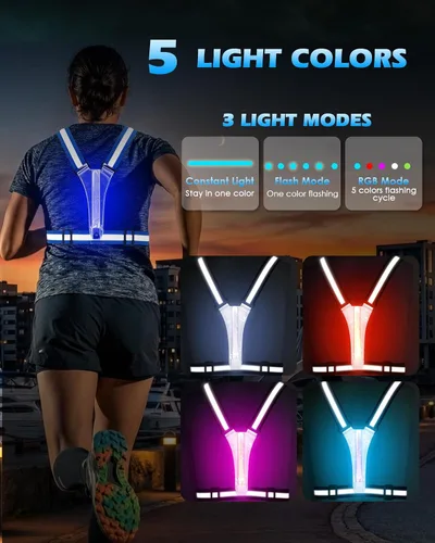 Vista 2 de Zacro LED Reflective Vest Running Gear, 5 Lights Colors High Visibility Reflective Gear Rechargeable Light Up Vest for Walking Running Cycling Azul