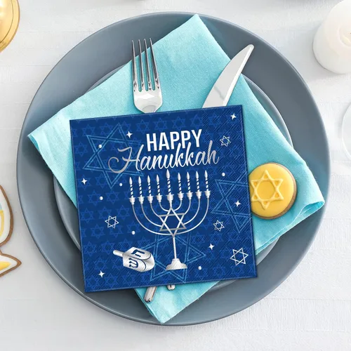 Vista 4 de Honoson 100 servilletas de Hanukkah de Janucá, servilletas desechables de papel, servilletas de cóctel para invitados, servilletas de cena