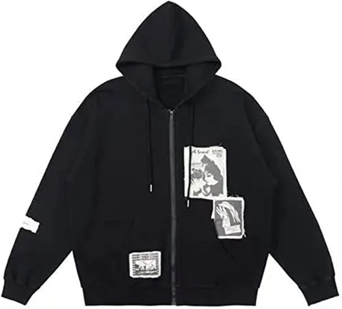 Vista 2 de Sudadera con capucha vintage para mujer, sudadera de gran tamaño con estampado de graffiti punk con cremallera para adolescentes, bolsillos estéticos