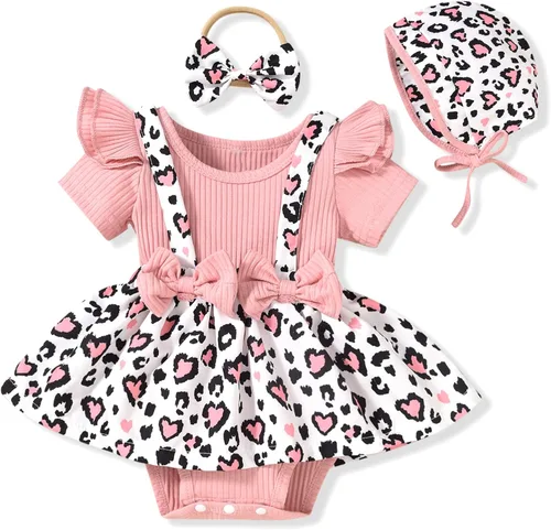 Vista 8 de Unutiylo Conjunto de ropa para bebé recién nacida prematuro con tirantes y mangas cortas con volantes Albaricoque