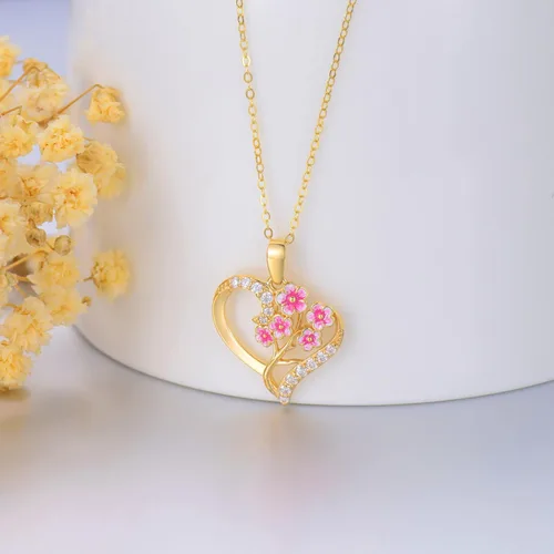 Vista 22 de Collar de flor de nacimiento de oro real de 14 quilates para mujer, oro amarillo creado moissanita con colgante de corazón, collares