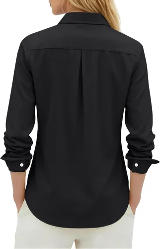 Vista 2 de siliteelon Camisas con botones para mujer, camisa Oxford de algodón, camisa de vestir de manga larga, blusas de trabajo con bolsillo