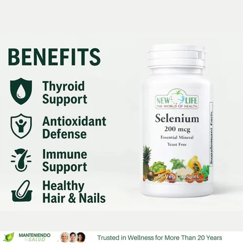 Vista 3 de New Life Selenio 200mcg, mineral esencial, 90 cápsulas vegetales