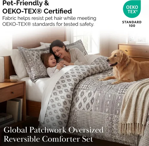 Vista 5 de Juego de edredón tamaño matrimonial/queen con 2 fundas de almohada, retazos 40 - Parche Global Gris