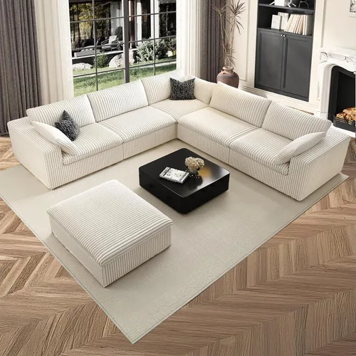 Vista 20 de 118" Cloud Couch Oversized Modular Sectional Sofa, Boneless L-Shaped 6 Seater Deep Seat Couch with Ottoman, Soft Corduroy Upholstery, DIY Negro