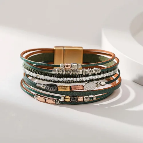 Vista 2 de Long tiantian Pulseras de cuero para mujer, de moda, bohemias, con dije de círculo, apiladas, pulseras de varias capas, joyería, regalos de Navidad