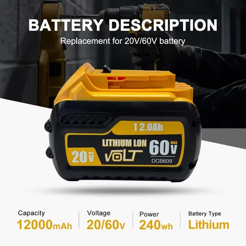 Vista 2 de DZEKO Batería de repuesto de 12 Ah para baterías Dewalt de 20 V/60 V Max compatible con DCB606 DCB609 DCB612 DCB200 DCB206 DCB207 paquetes