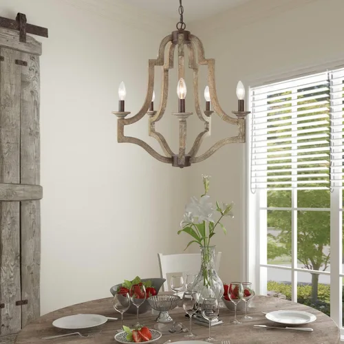 Vista 6 de Candelabros de granja para comedor, lámpara de madera rústica, lámpara de araña francesa de 5 luces para isla de cocina, sala de estar, dormitorio