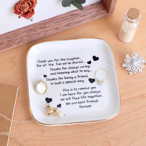 Vista 6 de Plato para anillos o abalorios con citas de amistad para mujer ideal como regalo único de cumpleaños o jubilación para mujeres.