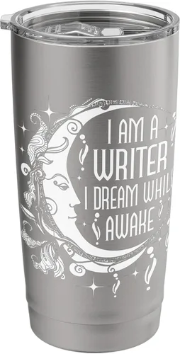 Vista 8 de Vaso aislado de acero inoxidable con texto en inglés "I Am A Writer I Dream While Awake Author Book Novelist Poet