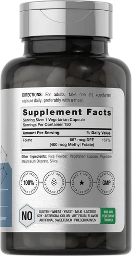 Vista 2 de Horbäach Metil Folato 400 mcg 150 Cápsulas Veganas Sin OMG, sin gluten Suplemento dietético