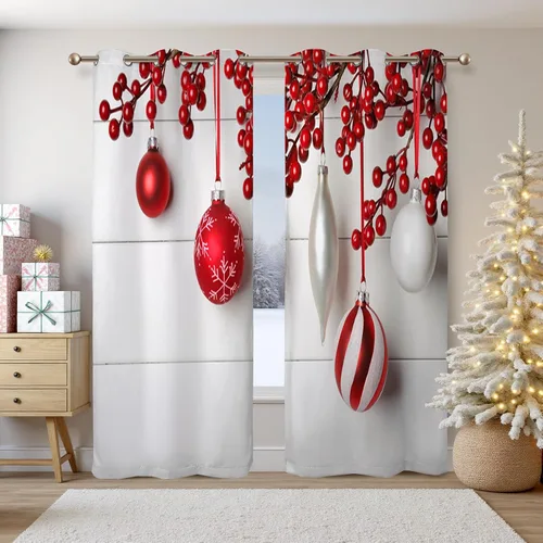 Vista 10 de Renaiss Cortinas opacas de Navidad con tablones de madera rústica para dormitorio, con ojales, estampado de copos de nieve navideños, cortinas