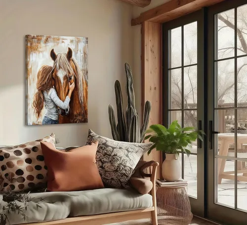Vista 4 de Arte de Pared en Lienzo de Niña Pequeña y Caballo Tonos Tierra Cálidos Retro Decoración de Pared Imagen de Niña Pequeña Abrazando Caballo Castaño