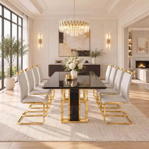 Vista 14 de Juego de mesa de comedor de mármol negro dorado de 79 pulgadas para 8 Sillas negras+oro