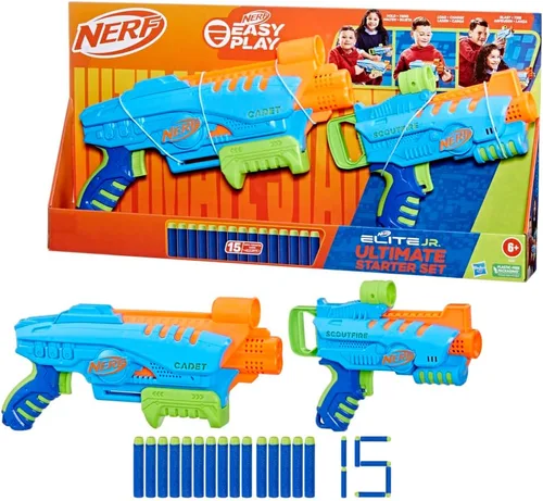 Vista 3 de Nerf Elite Jr Ultimate Starter Set, 2 lanzadores de espuma de juguete fáciles de jugar, 15 dardos Nerf Elite, 2 objetivos, juegos al aire libre