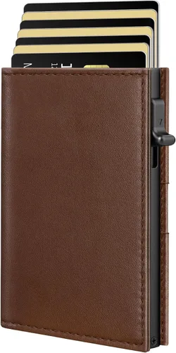 Vista 13 de Cartera para hombre – Cuero minimalista de triple pliegue, funda inteligente para tarjetas emergentes con bloqueo RFID, soporte delgado de metal