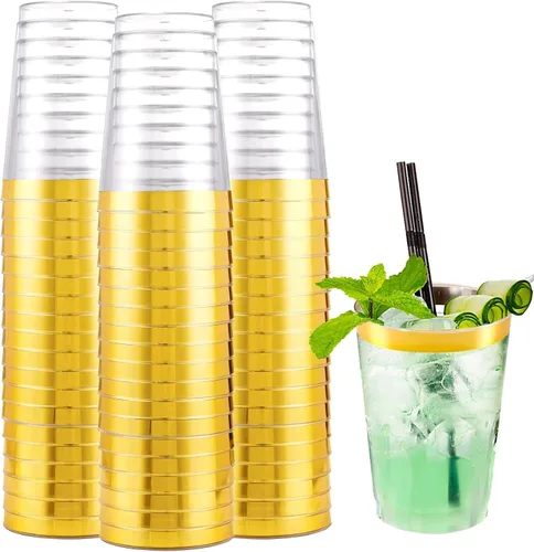Vista 12 de I00000 100 vasos de plástico dorados, vasos de plástico transparente de 10 onzas con borde dorado, tazas de cerveza, taza dura desechable