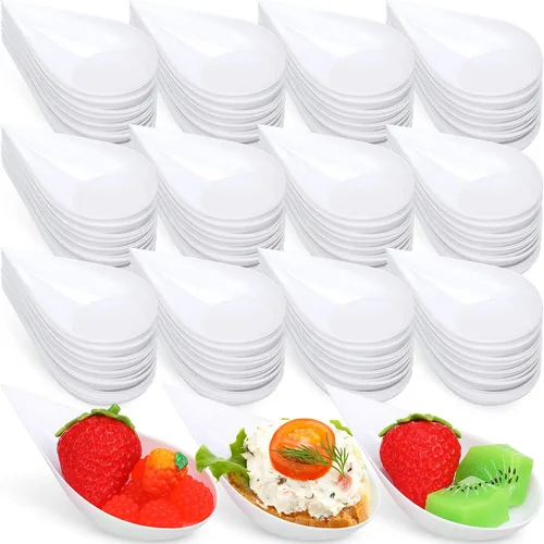 Vista 11 de Cucharas de plástico para aperitivos de 4 pulgadas, mini platos desechables para aperitivos, lágrimas para servir postre, lágrima, cuchara asiática