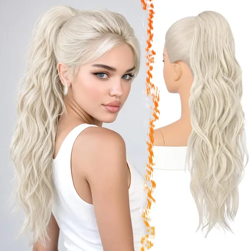 Vista 16 de BARSDAR 25 Inch Synthetic Dual Claw Clip Auburn Brown Loose Wavy Ponytail