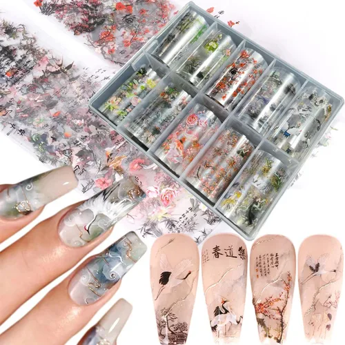 Vista 10 de Kit de 10 rollos de calcomanías de transferencia de papel de aluminio para uñas, diseño de pintura de tinta de bambú, láminas de papel de aluminio