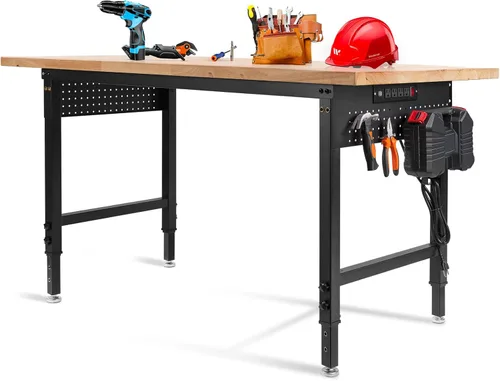 Vista 8 de Banco de trabajo de altura ajustable de 48 x 24 pulgadas, banco de trabajo resistente para garaje con estante debajo de la mesa, mesa de trabajo